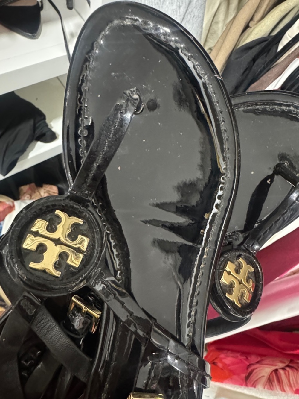 Tory Burch Black Patent Leather Gold Logo Thong Sandals